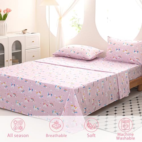 Full Sheets Set for Girls Kids - 4-Piece Cute Unicorn Bedding Set, Breathable Pink Rainbow 3D Fitted Sheets with 14" Deep Pocket, Ultra-Soft Lightweight Bedroom Essentials - Image 3