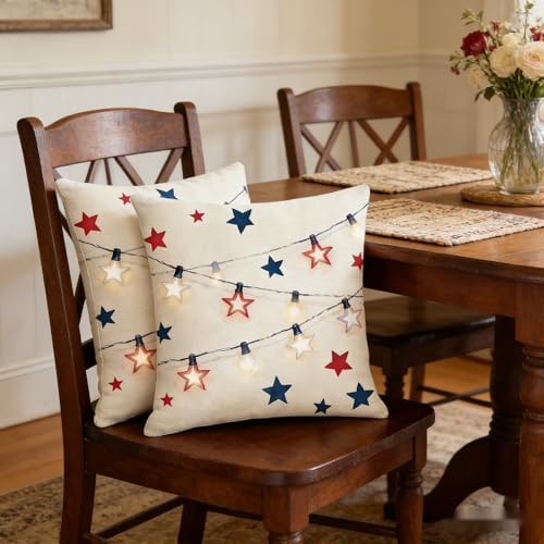 4th of July Throw Pillow Covers, Independence Day Star Design, Linen, 18x18 Inch, Set of 2, Farmhouse Style - Image 6