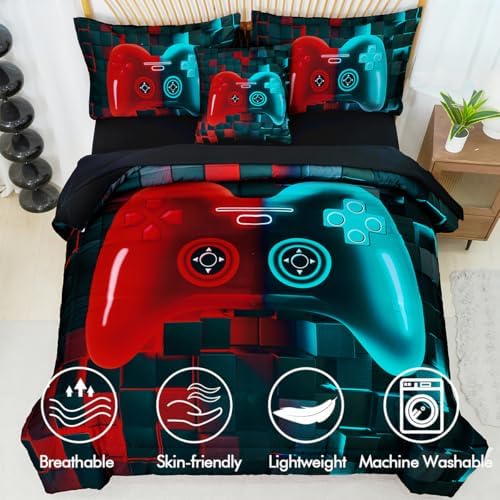 PERFEMET 6 Piece Gamer Bed Set Twin Red Teal Game Console Kids Bed in A Bag - Image 4