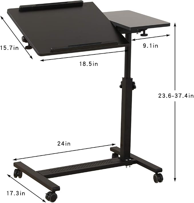 TigerDad Over Bed Table with Wheels Adjustable | Rolling Laptop Table Overbed Desk Hospital Tray Table Sofa Chair Side Table (Black) - Image 2