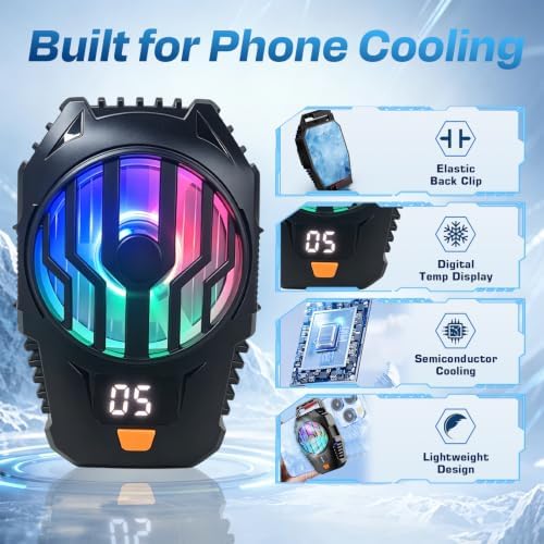 Clip-On Phone Cooler Semiconductor Cooling Fan - RGB Display Three-Speed Gaming Cell Phone Cooler Radiator for Mobile Cooling Pad Live Broadcasting Vlog Video Call - Image 3
