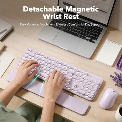 Wireless Keyboard and Mouse Combo, Backlit Round Keycaps, Retro Typewriter Keyboard with Magnetic Wrist Rest, USB-C Rechargeable & Tilt Legs, 2.4GHz Cordless for Mac Windows PC (Glowing Pastel Purple) - Image 3
