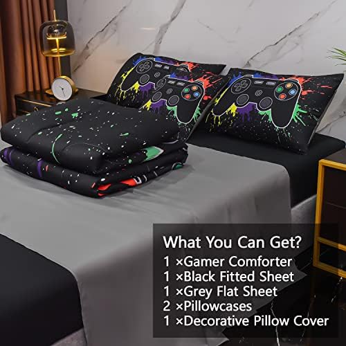 6Pcs Gamer Comforter Set with Sheets for Boys Girls Kids Teens, Colorful Graffiti Gaming Themed Bed in A Bag Full Size, Black 3D Video Game Controller Bedroom Decor Bedding Set - Image 4