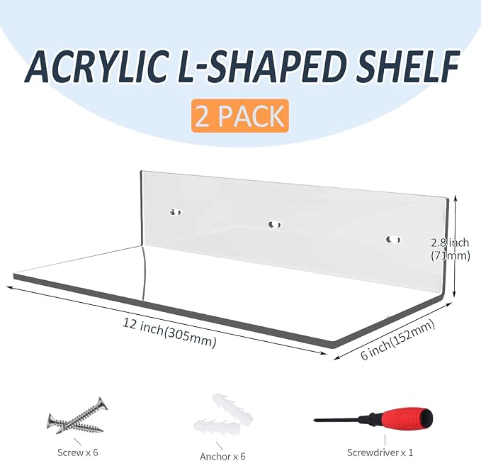 Sezanrpt 12 Inches Acrylic Wall Shelves 2 Pack, Floating Shelf for Wall Mounting, Acrylic Display Ledges for Funko Pop Figures, Home Décor, Living Room, Gaming Room, Plants(12 inch, Clear) - Image 3
