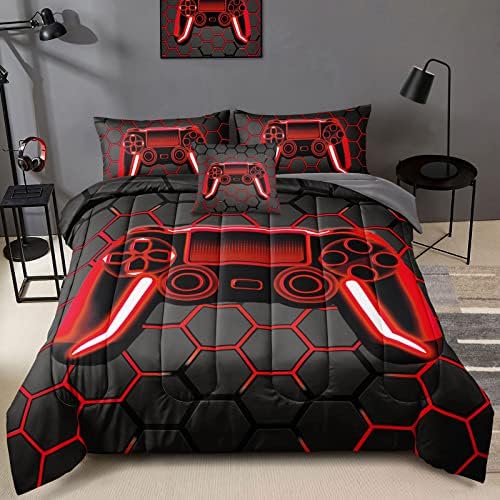 BDUCOK 6 Piece Gamer Comforter Sets Bed in A Bag for Boys Teen Kids,Honeycomb Gaming Bedding Sets Gamepad Comforter Microfiber Bed Set for All Season Gamer Home Decor(red, 6 Piece Sets30023-Queen) by BDUCOK