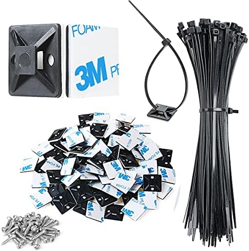 XHF 3/4" Strong Back-Glue Self Adhesive Black Cable Zip Tie Mounts 100pcs with 8" Zip Ties, Screws, UV Protection Outdoor Sticky Wire Fasteners Cable Clips Management Anchors Organizer Holders Squares by XHF