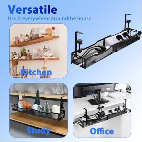 Under Desk Cable Management Tray 25.3 Inch, Clamp-On Cable Organizer Box for Standing Desks, No Drill Cord Management Under Desk, Large Desk Wire Organizer for Office & Home, Black - Image 6