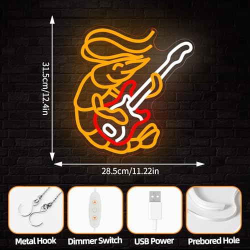 Shrimp Playing Guitar Neon Sign Dimmable Lobster Neon Lights Live Music Light Up Sign Guitar Shrimp Neon Wall Art for Seafood Restaurants Pub Music Room Decor - Image 5