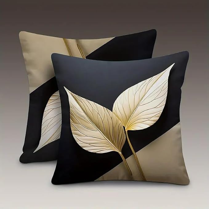 2pcs Modern Decorative Linen Throw Pillow Cover, Black and Beige with Gold Leaf Design, Square Cushion Case for Home Decor，Luxurious Black & Beige/White Accents, 18x18 Pillows Pillowcase by Unknown