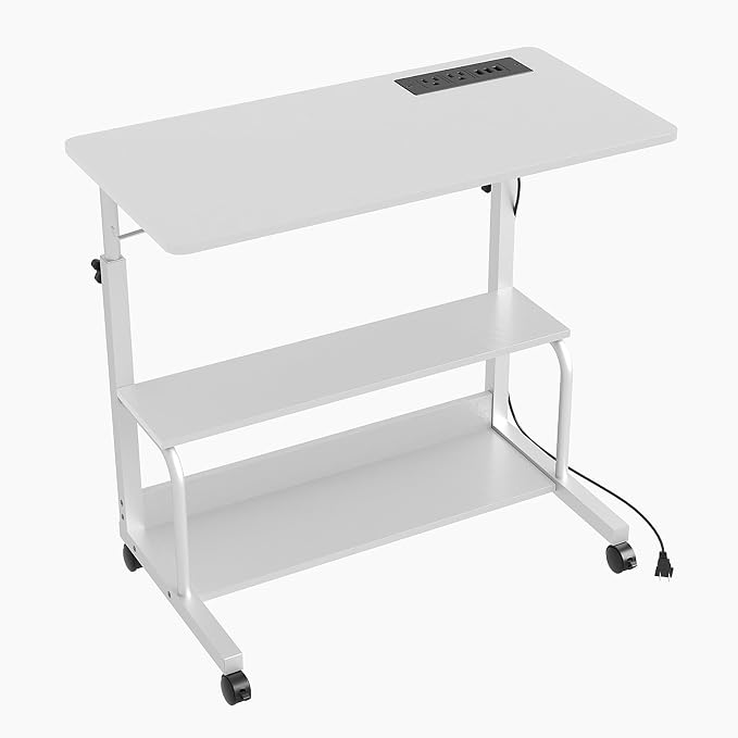 FCH 31.5" Mobile Small Standing Desk, Adjustable Height Mobile Computer Desk, w/2 AC Outlets + 3 USB Ports & Hooks, Storage Shelves, Suitable for Gaming, Studying, Home Office, White - Image 8