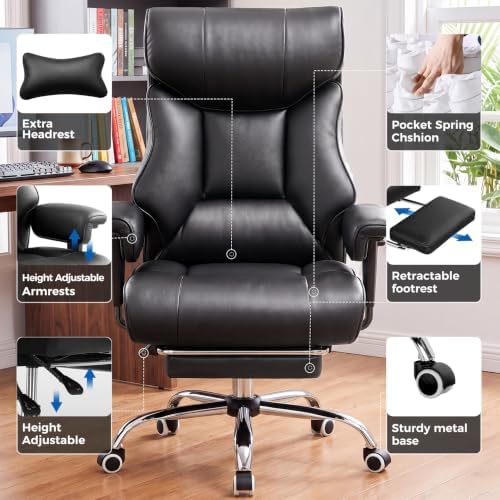 COMHOMA Big and Tall Office Chair,Heavy Duty Gaming Chair with Foot Rest and Wide Pocket Spring Cushion Reclining Height Adjustable for Home Office Work, Comfy Pu Leather Black - Image 5