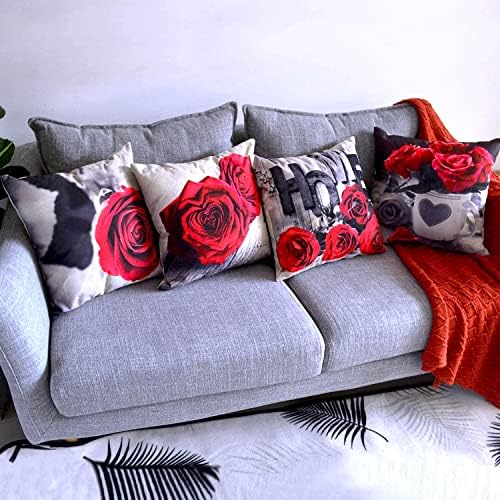 Farmhouse Floral Pillow Covers 18x18 Set of 4, Black Red Rose Throw Pillow Cover for Couch Home Decor, Vintage Cotton Linen Square Flower Cushion Case Sofa Bedroom Outdoor Patio Furniture Decoration - Image 5