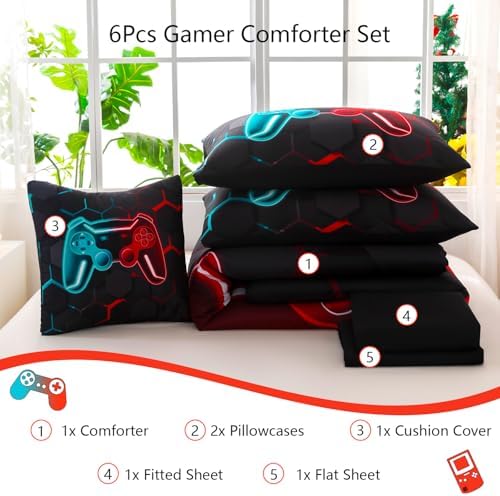 6 Pieces Gamer Bed in A Bag Full Size 3D Game Console Kids Bedding Set for Boys Teal and Blue Gaming Comforter Set with Sheets Gamepad Printed Teen Boy Bed Sets (Teal Red, Full) - Image 4