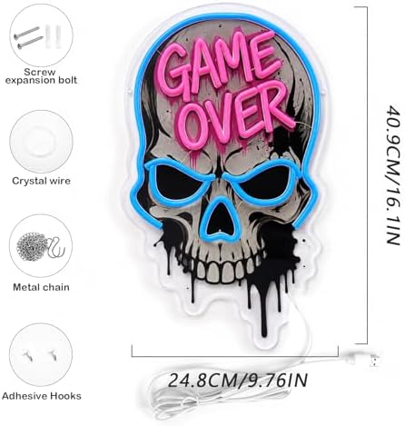Game Over Skull Neon Sign LED Neon Light USB Dimmable Gaming Room Decor - Image 2