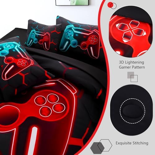 Gamer Comforter Queen Size 6 Pieces Gaming Bedding Sets for Boys Girls 3D Teal and Red Game Console Bed in A Bag Comforter Set with Sheets (Teal Red, Queen) - Image 5