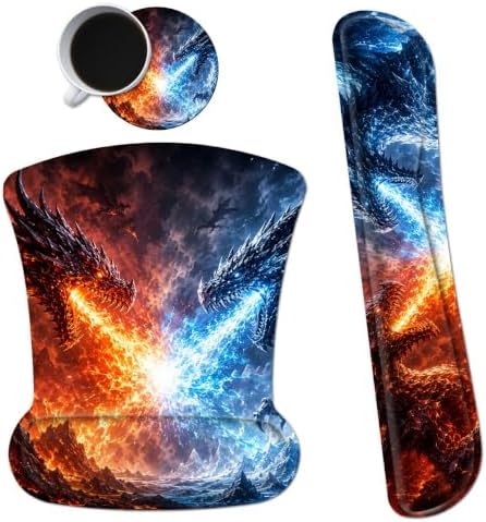 3-in-1 Ergonomic Memory Foam Keyboard Wrist Rest Pad Set, Fire Ice Dragon by Dikoer