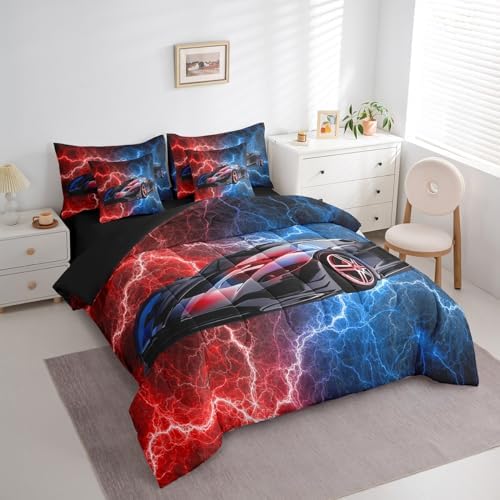 Feelyou Race Car Bedding Set 7 Piece Boys Girls Red and Blue Speed Sports Car King Comforter Set with Sheets for Kids Extreme Sports Bed in a Bag Lightning Theme Bed Set Room Decor - Image 2