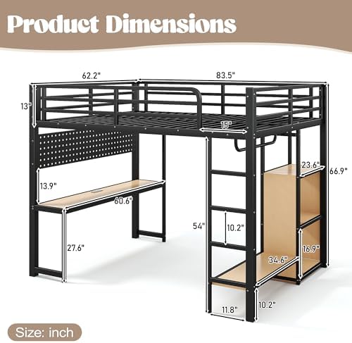 Bellemave Metal Queen Size Loft Bed with Desk and LED Lights,Heavy Duty Loft Bed Frame with Storage Shelves and Charging Station for Kids,Teens,Adults, Space Saving,Black - Image 2