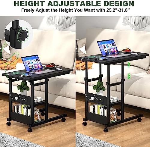 Rolling C Shaped End Table with Charging Station for Couch, Height Adjust - Image 3