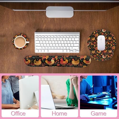 Chicken Rooster Hen Flower Meadow Mouse Pad with Wrist Rest Set,3-in-1 Wrist Support Mousepad Set,Gaming Mat Pad with Anti-Skid Base,Ergonomic Memory Foam Mouse Pad Set for Women,Office,Typing,Gaming - Image 6