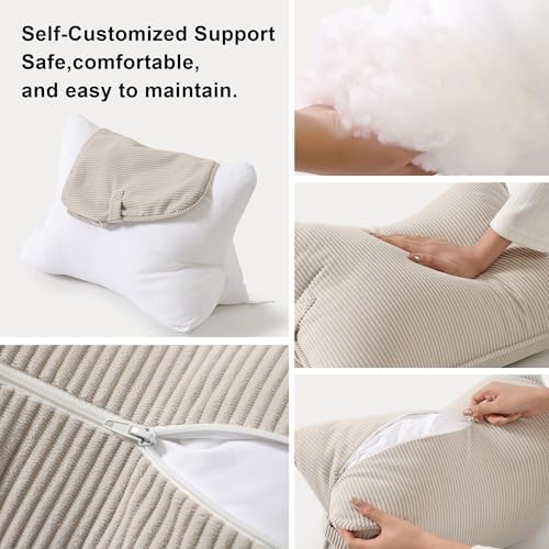 Pat. Pend. Corduroy Lumbar Support Back Pillow for Watching TV, Reading & Gaming, Ergonomic Triangle Support Cushion for Sofa, Armchair & Bed Sitting, Removable Washable Cover, Beige Gray - Image 5