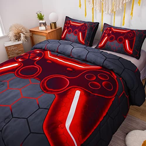 NTBED Game Console Comforter Set for Boys Girls Kids 3D Gaming Geometric Lightweight Microfiber Bedding Sets (Red, Queen 5Pcs) - Image 3