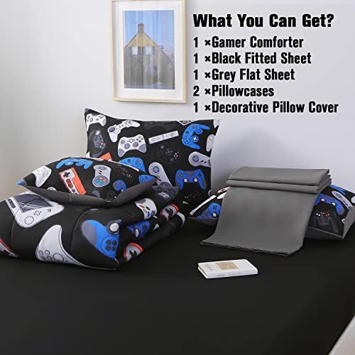 JQinHome Queen Gamer Comforter Set for Boys,6 Piece Bed in A Bag 3D Video Game Bedding -All Season Soft Microfiber Down Alternative Comforter Gamer Bedding Sets for Kids(Gamepad Collection) - Image 6