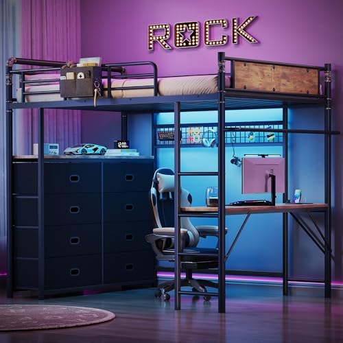 Twin Loft Bed with Desk and 8 Storage Drawers, Metal Loft Bed Twin Size with LED Lights & Charging Station, Bed Frame with Hanging Rod, Safety Guardrail & Ladder, for Kids & Teens (Rustic Brown) - Image 4