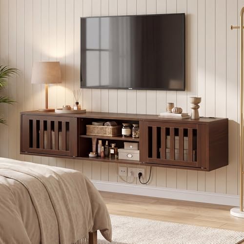 59" Floating TV Stand Wall Mounted with Power Outlet, Walnut - Image 7