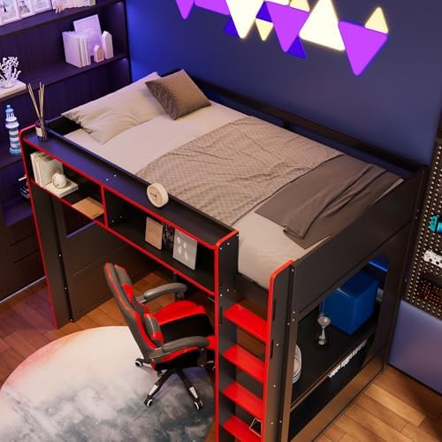Merax Twin Size Gaming Loft Bed with Integrated Desk and Lights, Black+Red - Image 6