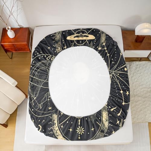 Erosebridal Bohemian Sun Moon Sheet Set Twin Galaxy Top Sheet Constellation Fitted Sheet Starry Sky Bed Sheet Exotic Style Golden Black Room Decorative Flat Sheet Cartoon Deep Pocket Fitted Sheets - Image 7