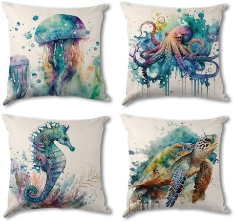 Beach Throw Pillow Covers 20x20" Set of 4, Ocean Theme Sea Turtle Seahorse Octopus Jellyfish Pillow Case Covers for Couch Sofa Bed Home Decor Square Pillowcase Coastal Outdoor Patio Furniture Cushions by YOOOAHU