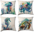 Beach Throw Pillow Covers 20x20" Set of 4, Ocean Theme Sea Turtle Seahorse Octopus Jellyfish Pillow Case Covers for Couch Sofa Bed Home Decor Square Pillowcase Coastal Outdoor Patio Furniture Cushions by YOOOAHU