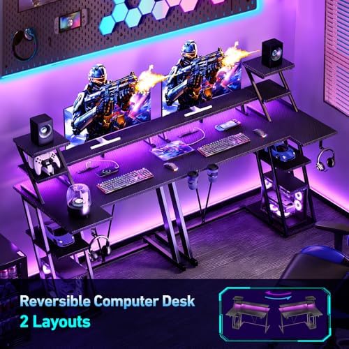 Korfile 55 Inch Gaming Desk with Power Outlet, LED, Monitor Stand, Black - Image 6