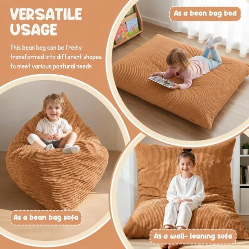 3 in 1 Kids Bean Bag Chair Bed – Foldable Bean Bag to Lounger & Floor Mattress, High-Density Foam Filling Bean Bag, Child Floor Sofa for Reading, Sleeping, Gaming & Relaxation,Brown - Image 3