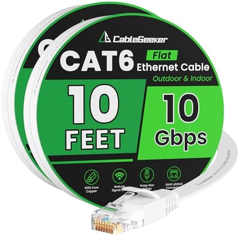 CableGeeker Cat 6 Flat Ethernet Cable 10ft 2Pack, 10Gbps, White by CableGeeker