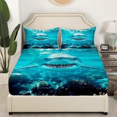 3D Shark Bed Sheets for Kids Boys Teens Marine Life Ocean Shark Sheet Set Sea Underwater Fitted Sheet Aquatic Animal Bedding Set, Nautical Flat Sheet Room Decor 4Pcs Sheets King Size, Blue White - Image 4