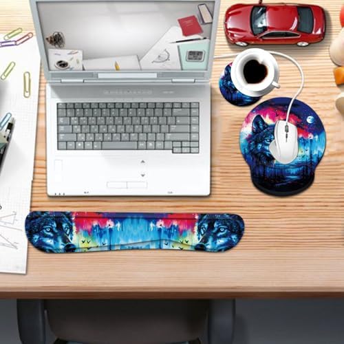 Keyboard Wrist Rest and Mouse Pad Wrist Support Set with Coaster,Comfortable for Easy Typing,Pain Relief,Memory Foam Keyboard Pad Set for Laptop Mac,Forest Wolf - Image 7