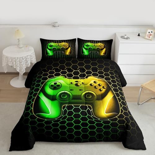 Feelyou Gamer Comforter Set for Boys Teens Gaming Bedding Set Video Game Contoller Home Decor for Kids Honeycomb Comforter,Yellow Green Queen Size 3 Pieces 2 Pillowcases Boys by Feelyou