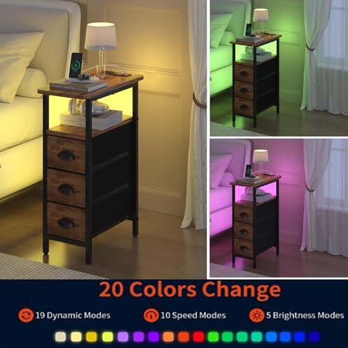 sthmec End Table with Charging Station,LED Side Tables with USB Ports and Outlets,Skinny Bedside Table with 3 Drawers,Small Nightstands for Small Space,Slim Sofa Table for Livingroom,Rustic Brown - Image 6