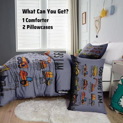 Boys Kids Construction Truck Comforter Set Full Size,3 Piece Bed in a Bag Cars Excavators Tractor Bedding Set Construction Christian Spirational Comforter with 2 Pillowcases Gray - Image 4