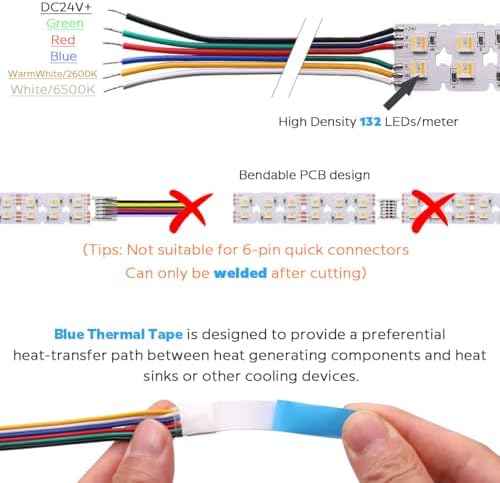 Bright Double Row Bendable RGBCCT 5in1 LED Strip 24V 660LEDs Micro Serrated And Center Cutout PCB Flexible S LED Strip RGB+W+WW 5 Colors In 1 LED 16.4ft 20mm Wide (Dual Row 660LEDs IP20) - Image 3