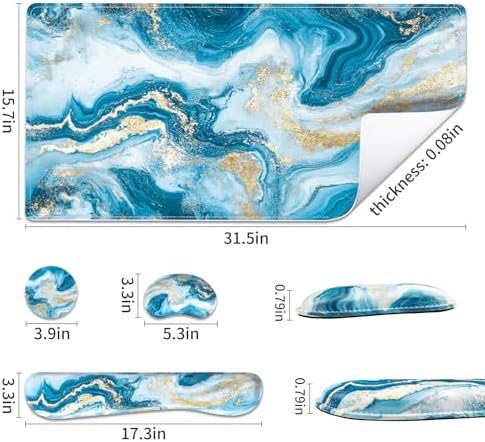 QiyI PU Leather Desk Mat Set, 4-in-1 Ergonomic Wrist Rest, Blue Fluid Art - Image 3