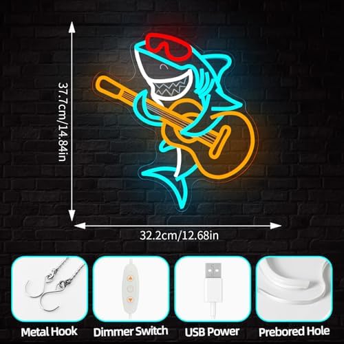 Shark Playing Guitar Neon Sign Dimmable Shark Neon Lights Guitar Led Light USB Sharks Live Music Light Up Sign Funny Led Wall Decor for Music Bar Shark Gift - Image 5