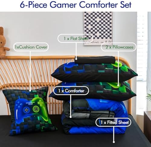 PERFEMET Gamer Comforter Queen Set 6 Pieces Blue and Green Game Console Boys Bedding Set with Sheets Soft Fluffy 3D Video Game Bed in a Bag for Kids Teen(Blue Green, Queen) - Image 3