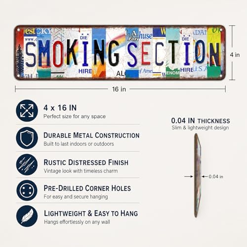 Smoking Section Vintage Metal Tin Sign, License Plate Style Wall Decor, Colorful Retro Design 4×16 Inch (26003) - Image 3