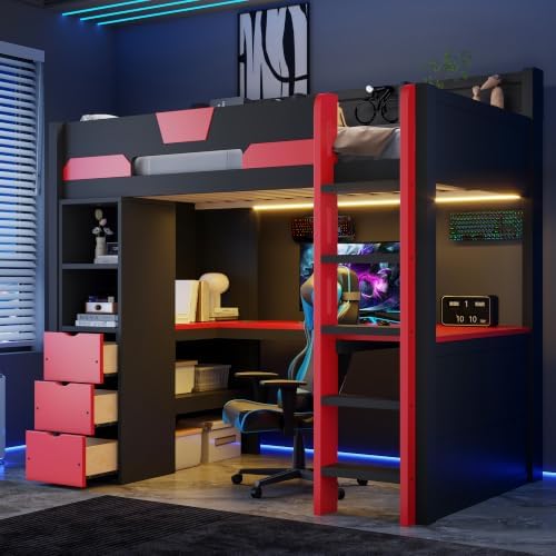 Merax Twin Size Wood Gaming Loft Bed with U-Shaped Desk, Lights & USB Ports - Image 4