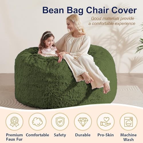 Bean Bag Cover (No Filler), Faux Fur Beanbag Chairs Covers Only, Stuffed Animal Storage Bean Bag, Giant Washable Beanbag Cover Without Filling, 5FT, Dark Green - Image 4