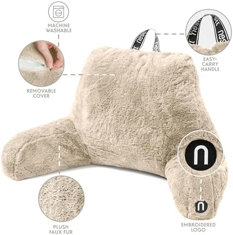 Nestl Fur Reading Pillow, Stylish Back Pillow for Bed Sitting Up, Faux Fur Bed Chair Pillow with Arms, Reading Pillows for Sitting in Bed Adult & Kids, Sit Up Back Support Pillow for Bed Rest - Linen - Image 4