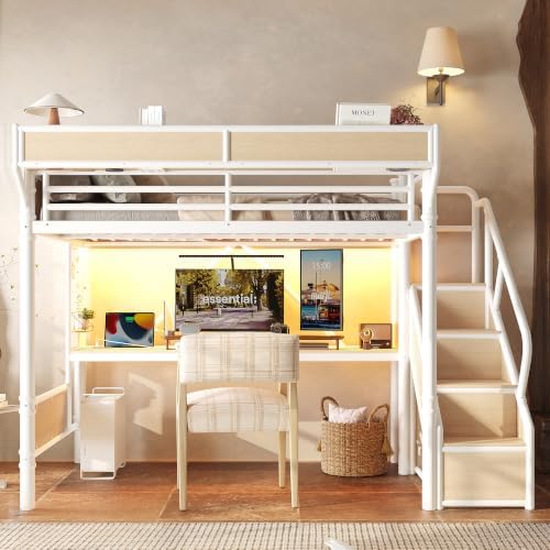 Bellemave Full Metal Loft Bed with Stairs and Desk for Kids,Adults,White - Image 3
